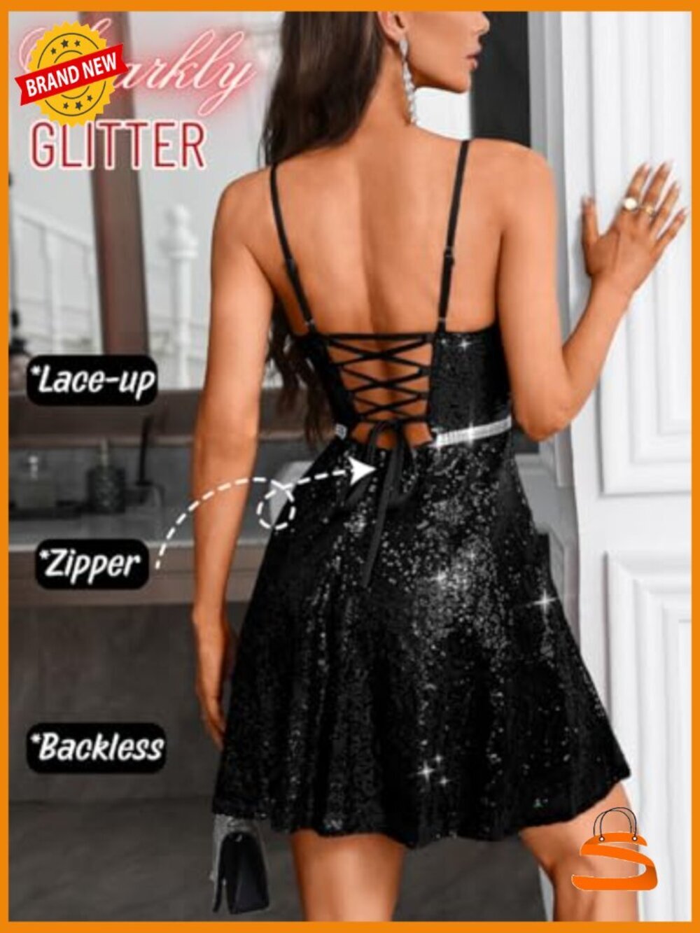 Sequin Mini Dress, Deep V Backless Cocktail Party Dress - Picture 5 of 7